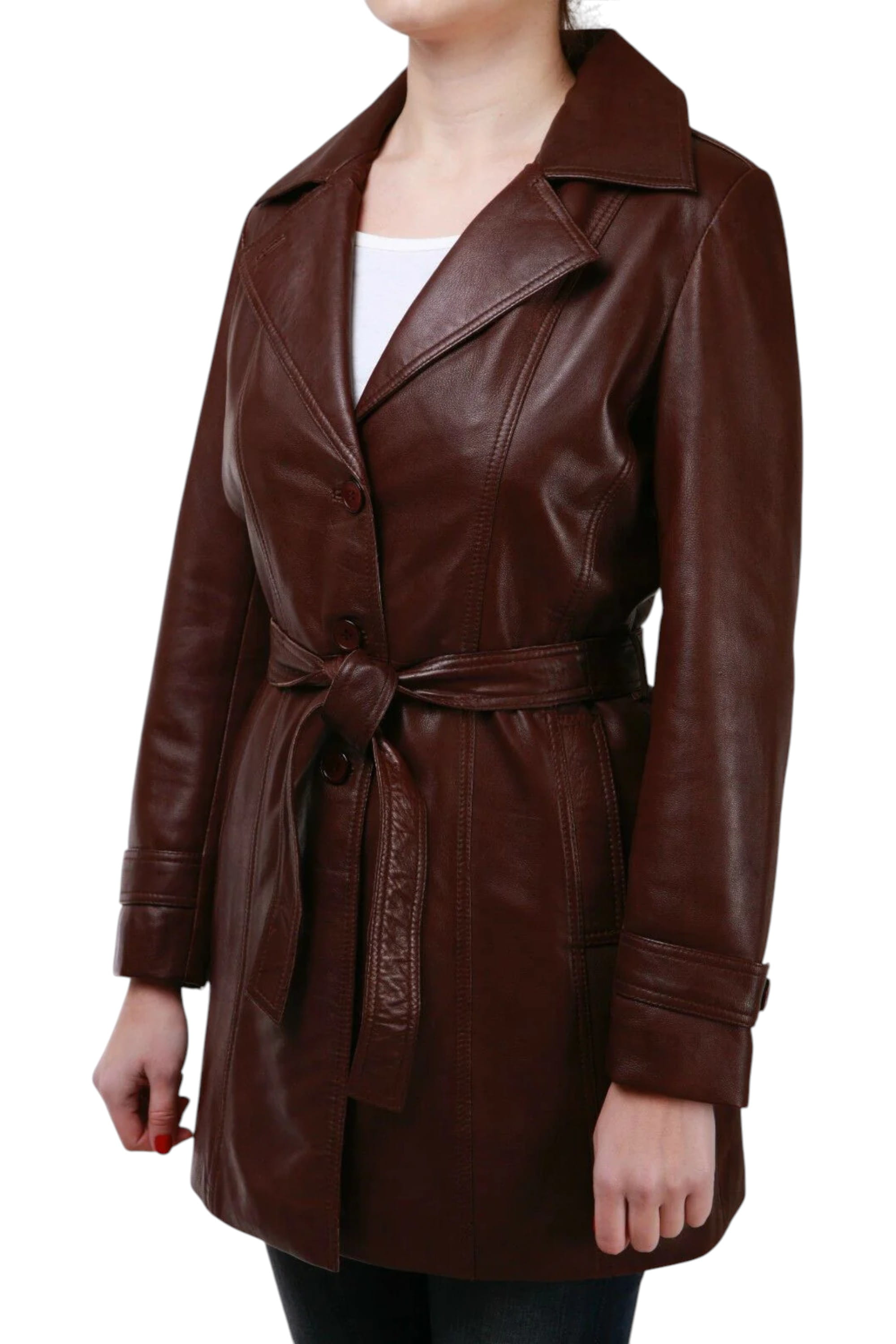 Brown 3/4 Length Tie Belt Trench Coat-Oldbury, Image 4 of 5