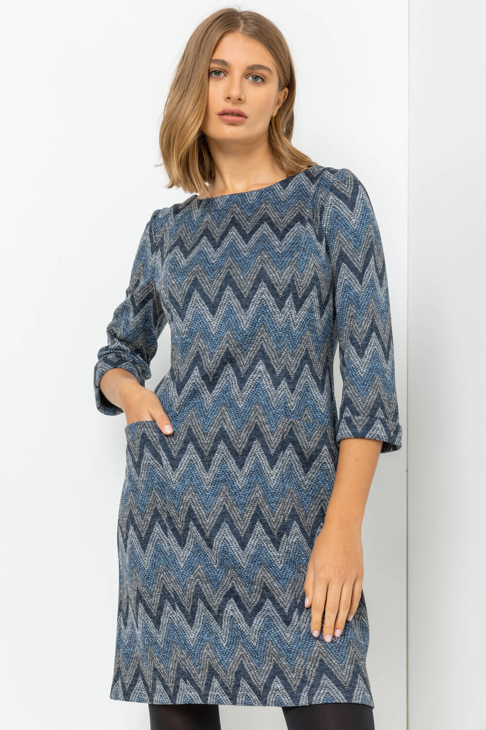 Navy Zig Zag Pocket Shift Dress, Image 1 of 4