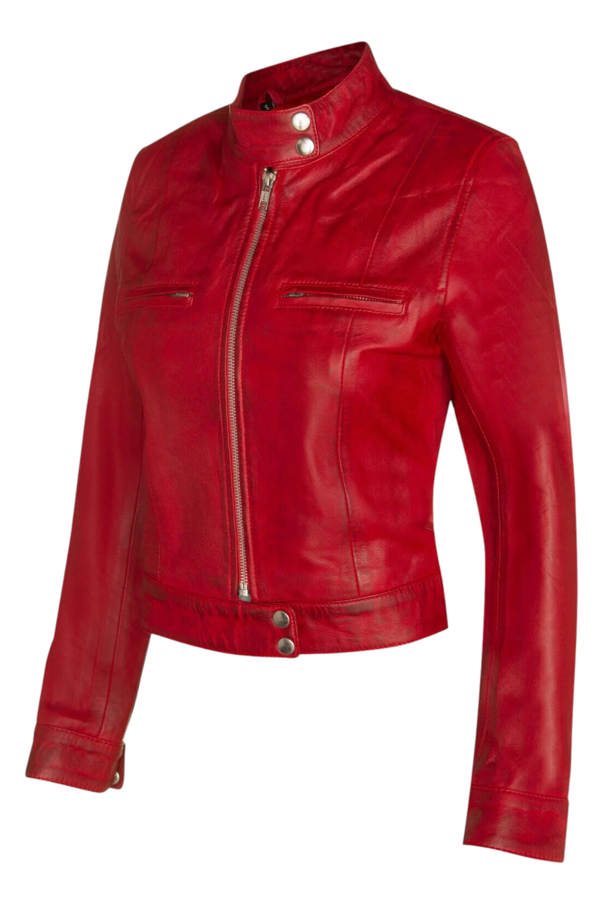 Red Womens Leather Moto Biker Jacket-Braga, Image 2 of 4