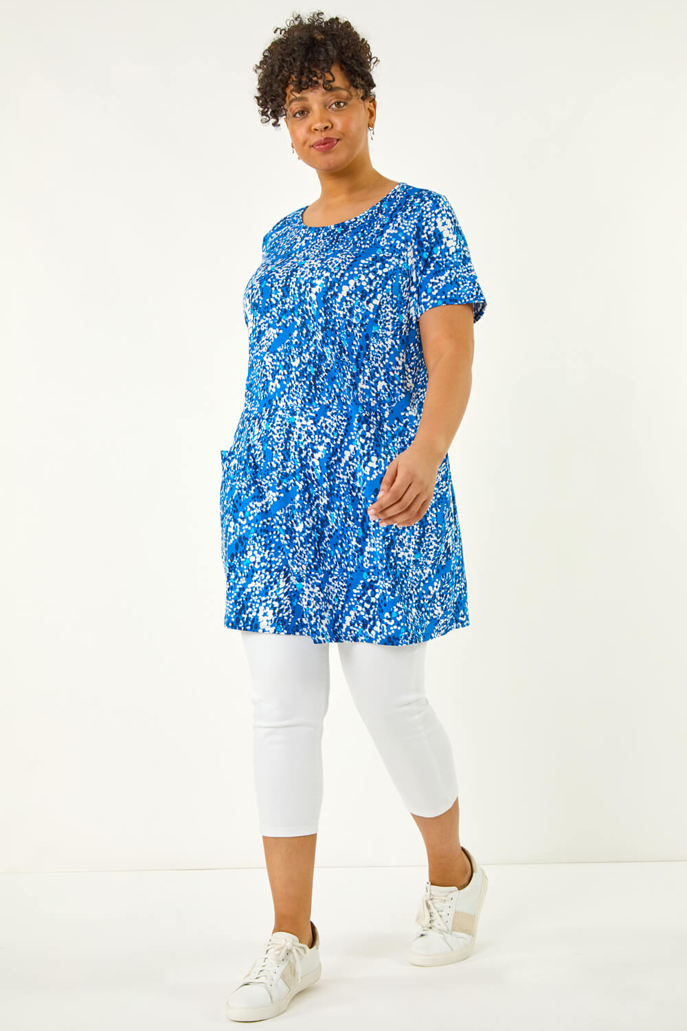 Blue Curve Printed Pocket Tunic Top, Image 3 of 5