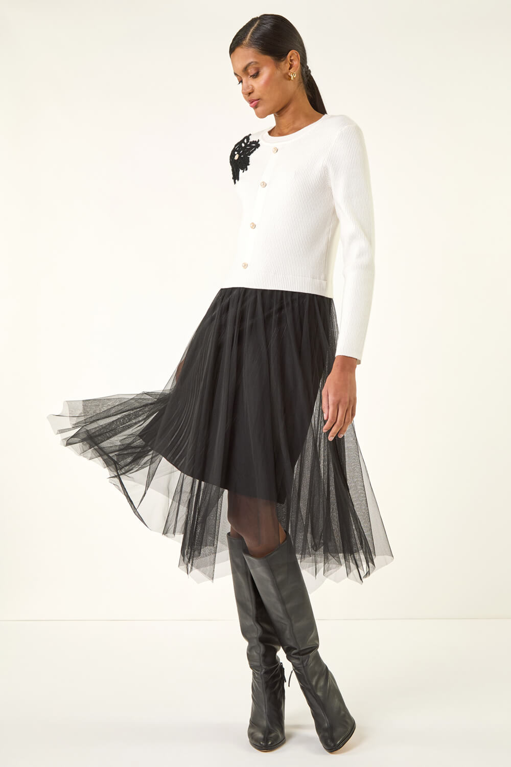 Ivory  Buttoned Knit Mesh Midi Dress, Image 1 of 5