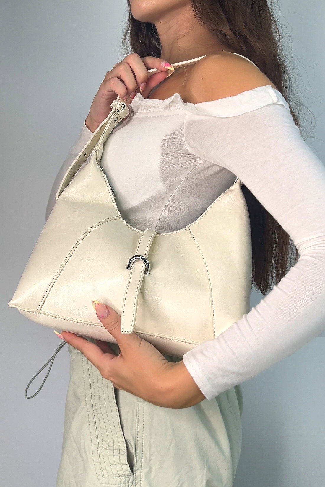 Beige Structured Shoulder Bag With Top Handle, Image 3 of 5