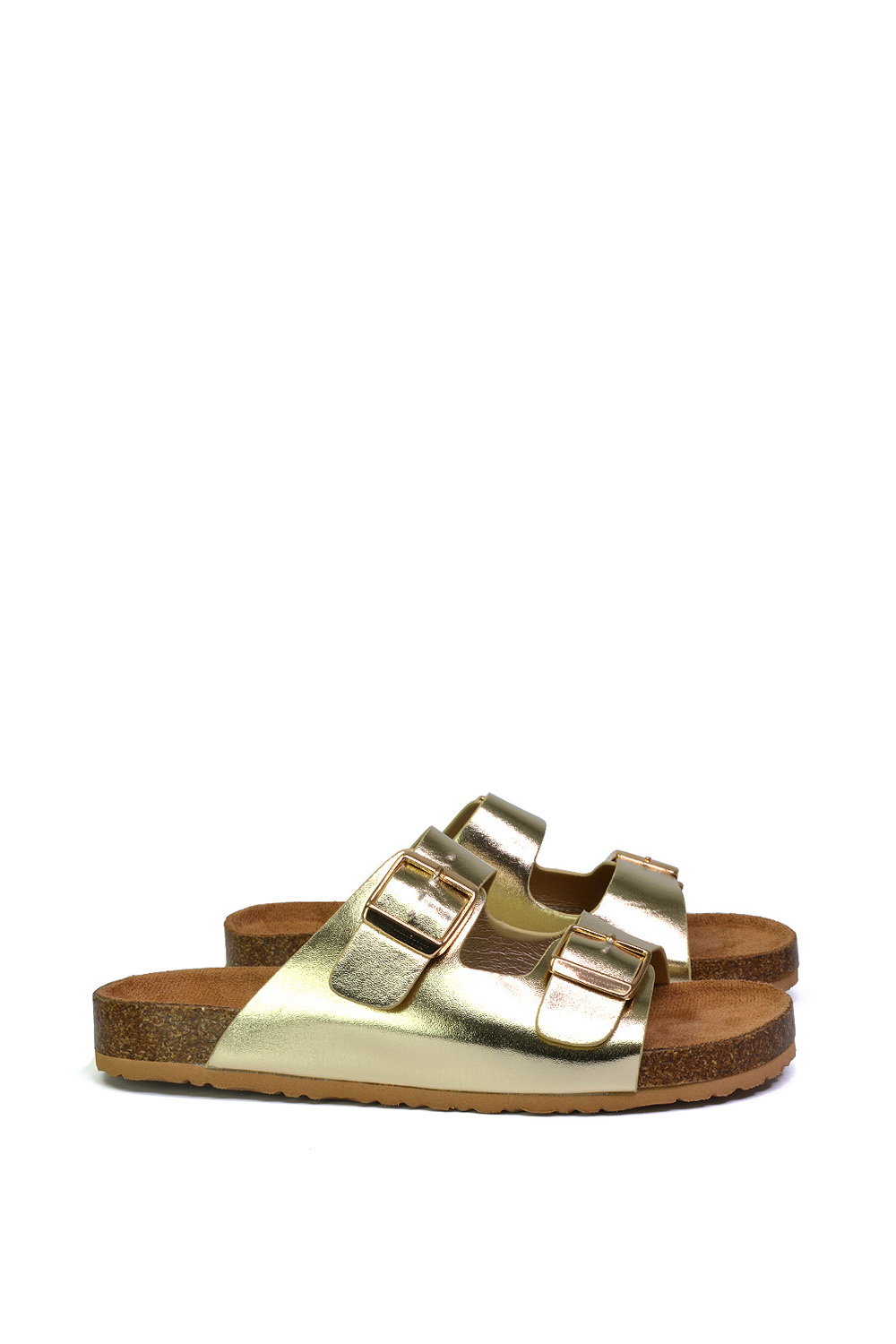 Gold XY LONDON Gold 'Star' Double Strap Buckle Up Summer Slip On Flat Sandals, Image 2 of 5