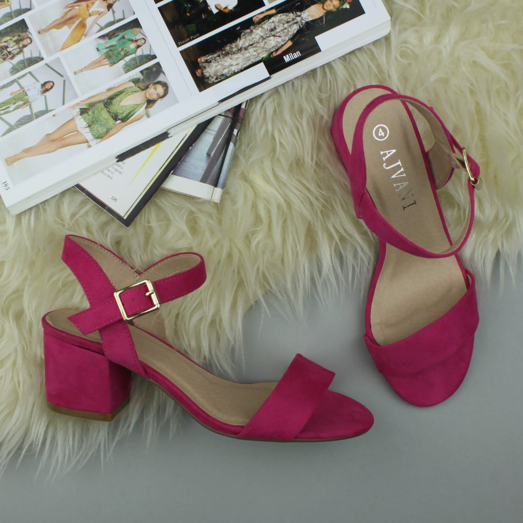 Fuchsia AJVANI Fuchsia Mid Block Heel Strappy Sandals, Image 4 of 6