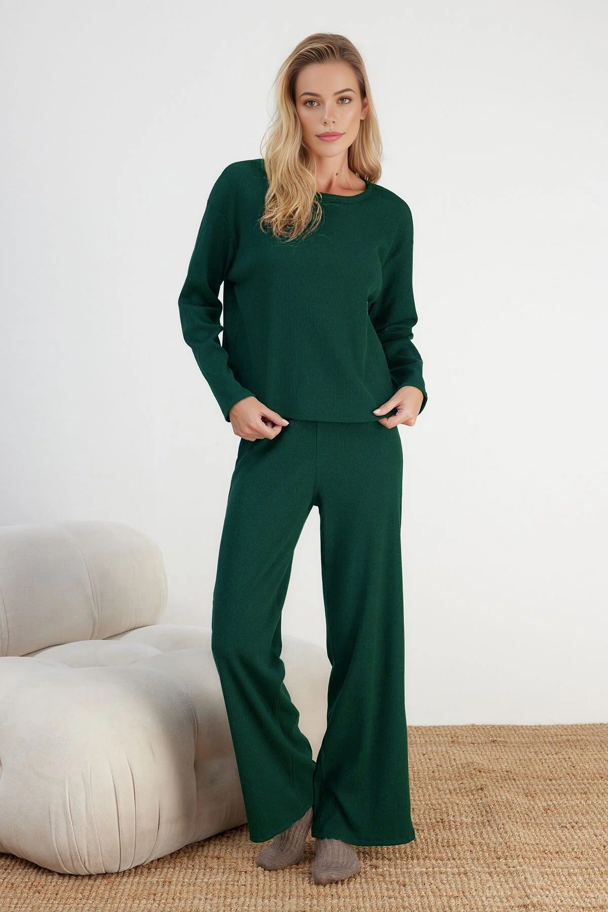 Green WOVCOR Green Soft Touch Long Sleeve Pyjama Top and Wide Leg Trouser Set, Image 1 of 3