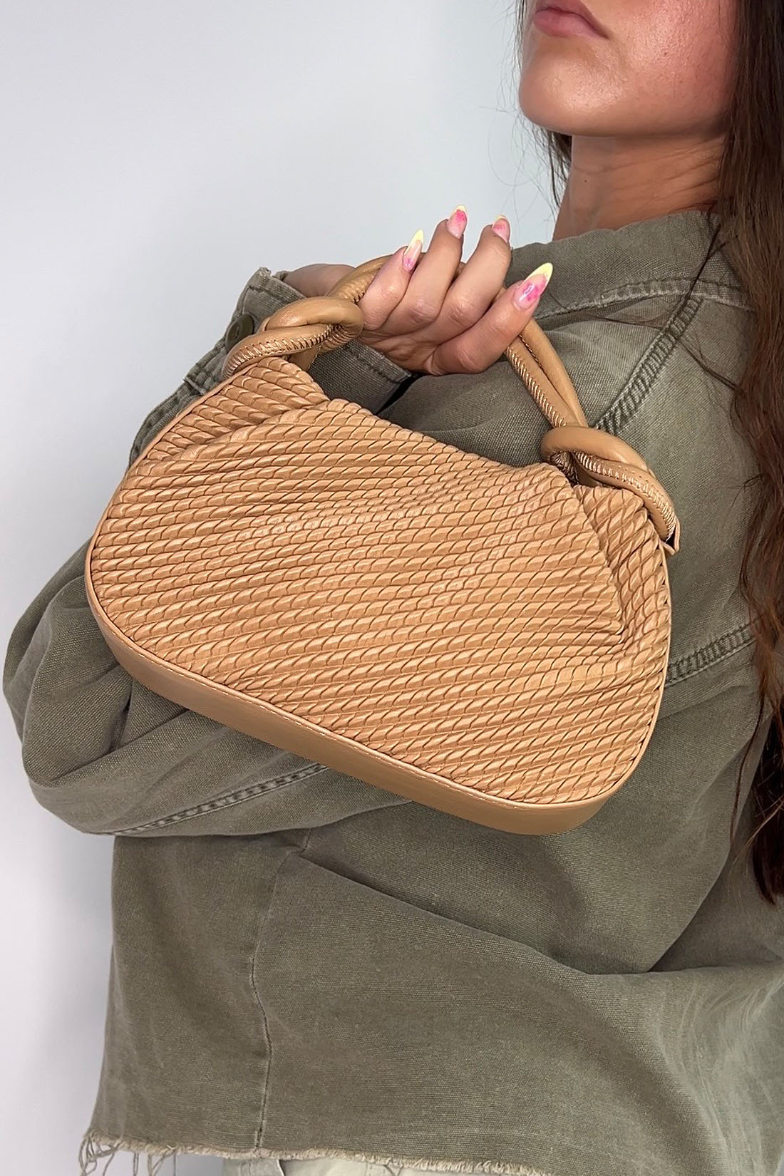 Tan Woven Mini Bag With Handle and Body Strap, Image 3 of 4