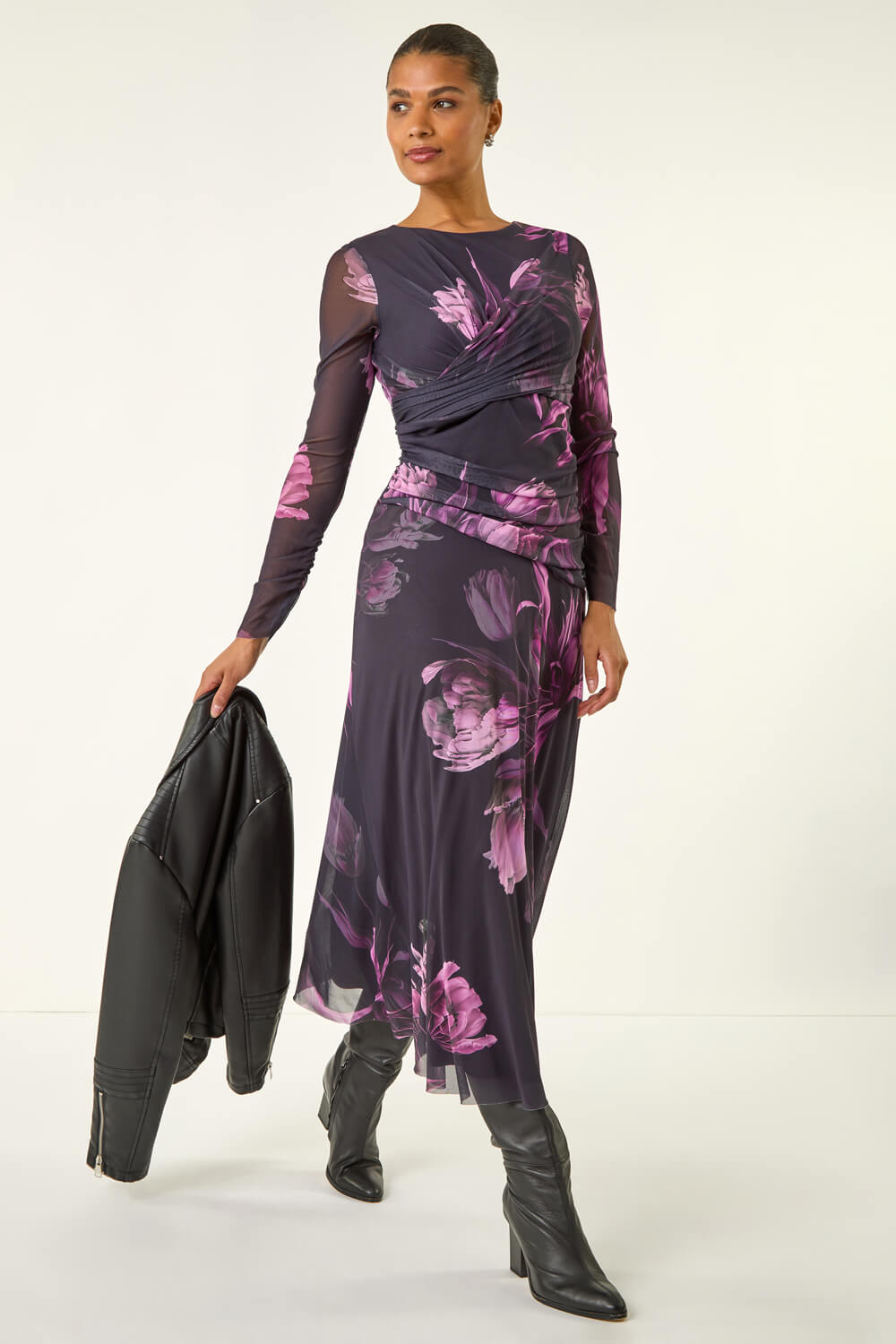 Purple Floral Mesh Stretch Maxi Dress, Image 3 of 5