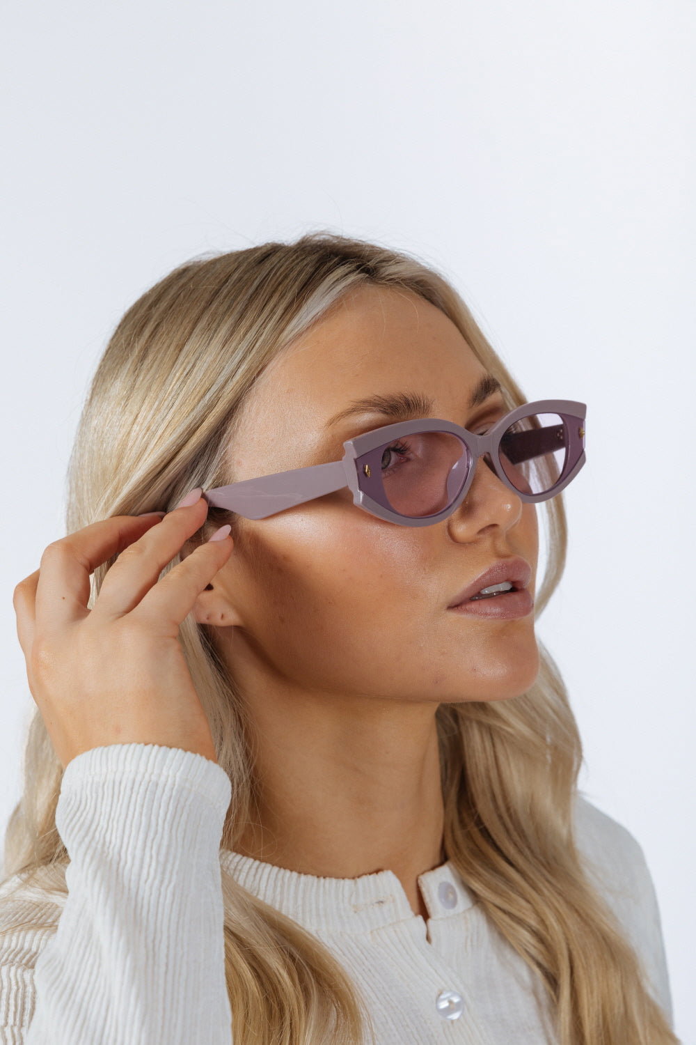 Purple Oval Rectangular Vintage Sunglasses in Purple, Image 2 of 6