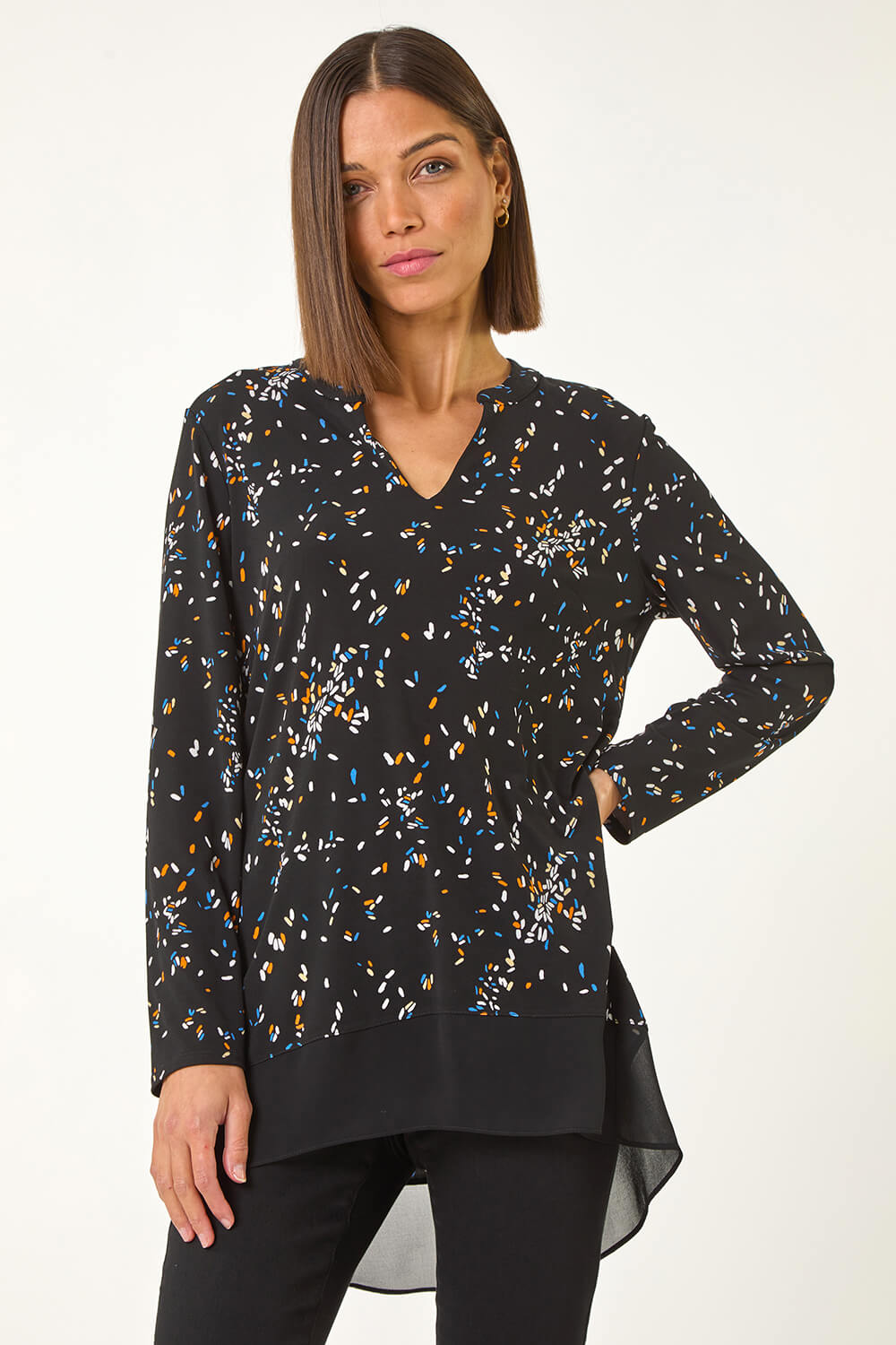 Black Abstract Print V-Neck Tunic Top, Image 3 of 5