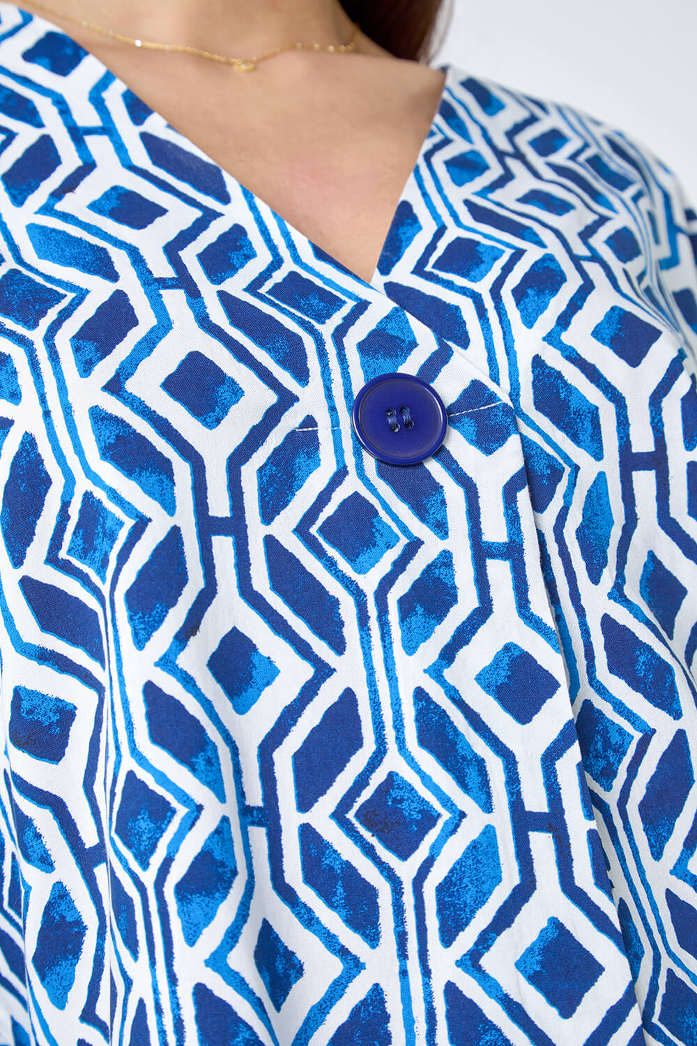 Blue Geometric Pleated Button Detail V-Neck Top, Image 6 of 5