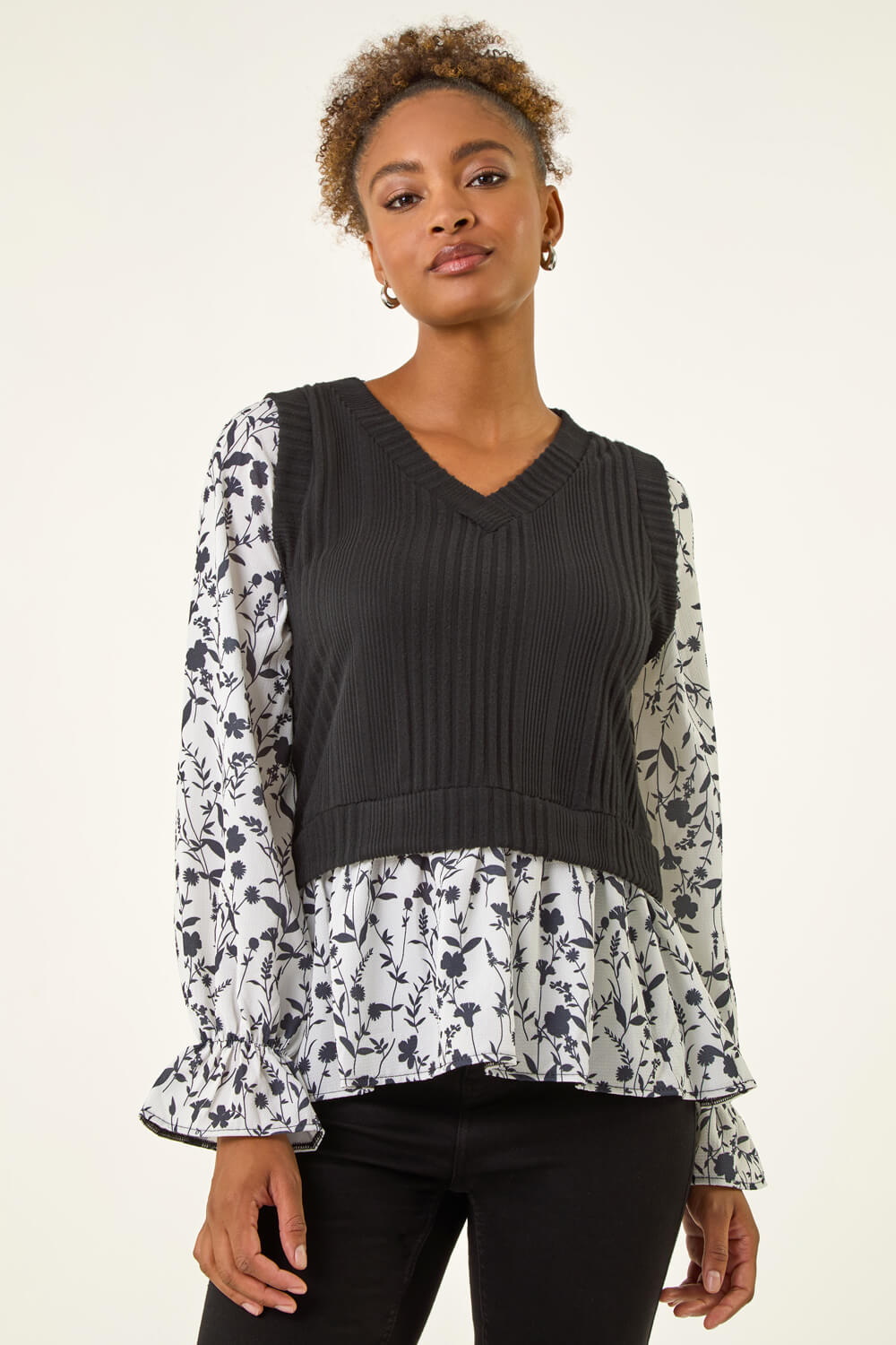 Black Floral Mock Shirt Jumper, Image 4 of 5