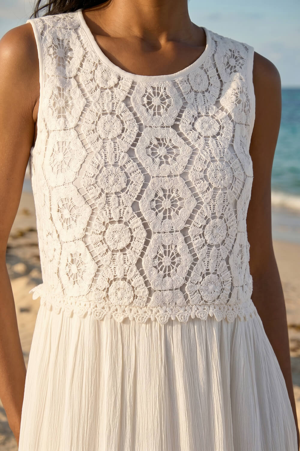White Crochet Bodice Midi Dress, Image 5 of 4