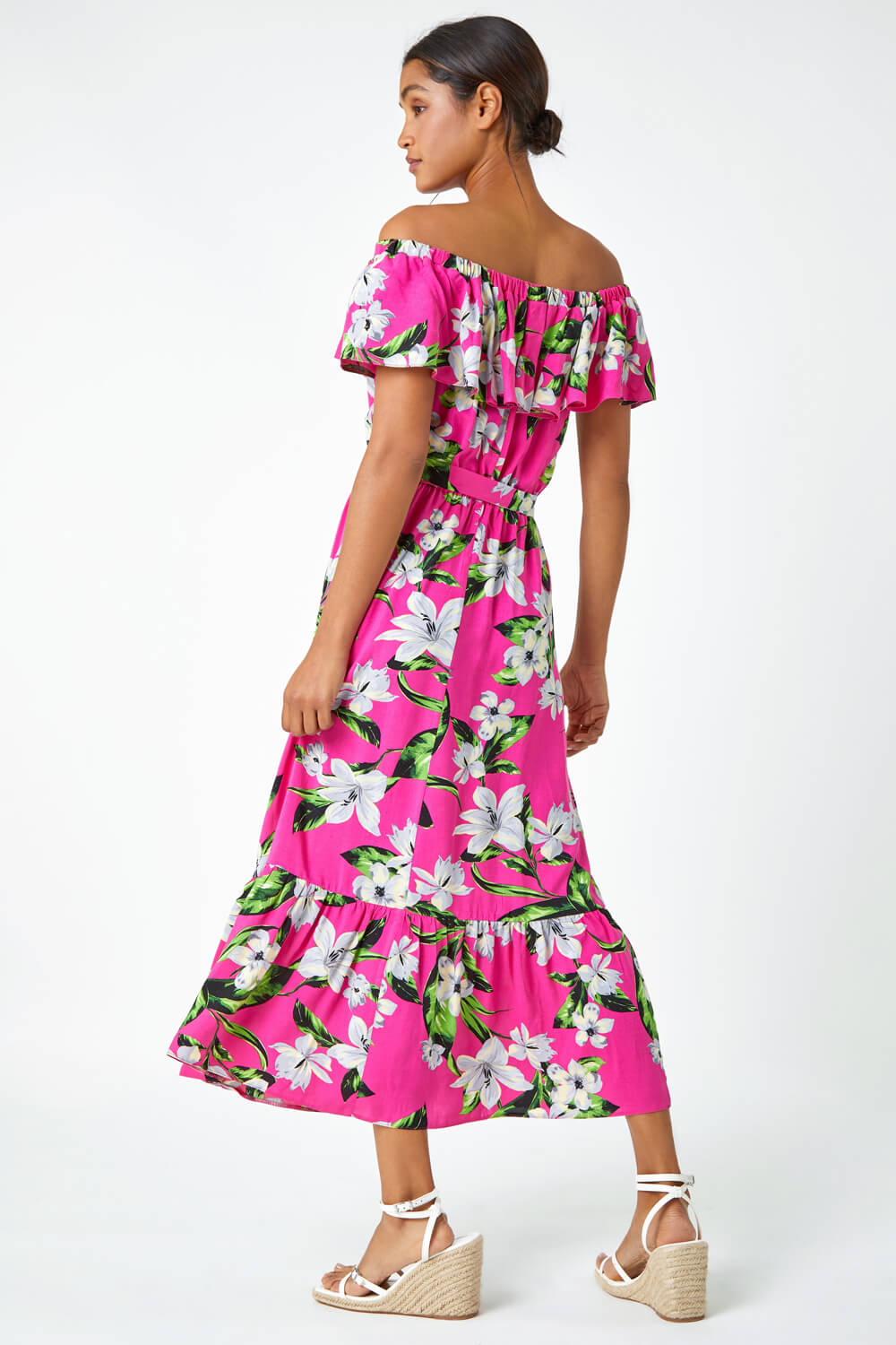 Fuchsia Tropical Bardot Stretch Midi Dress, Image 3 of 5