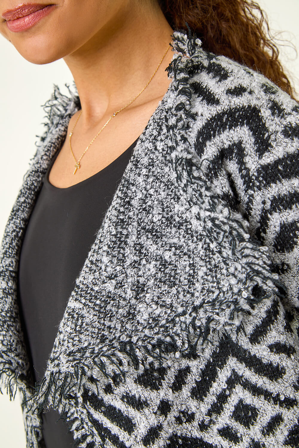 Black Geometric Fringe Collared Cardigan, Image 6 of 5