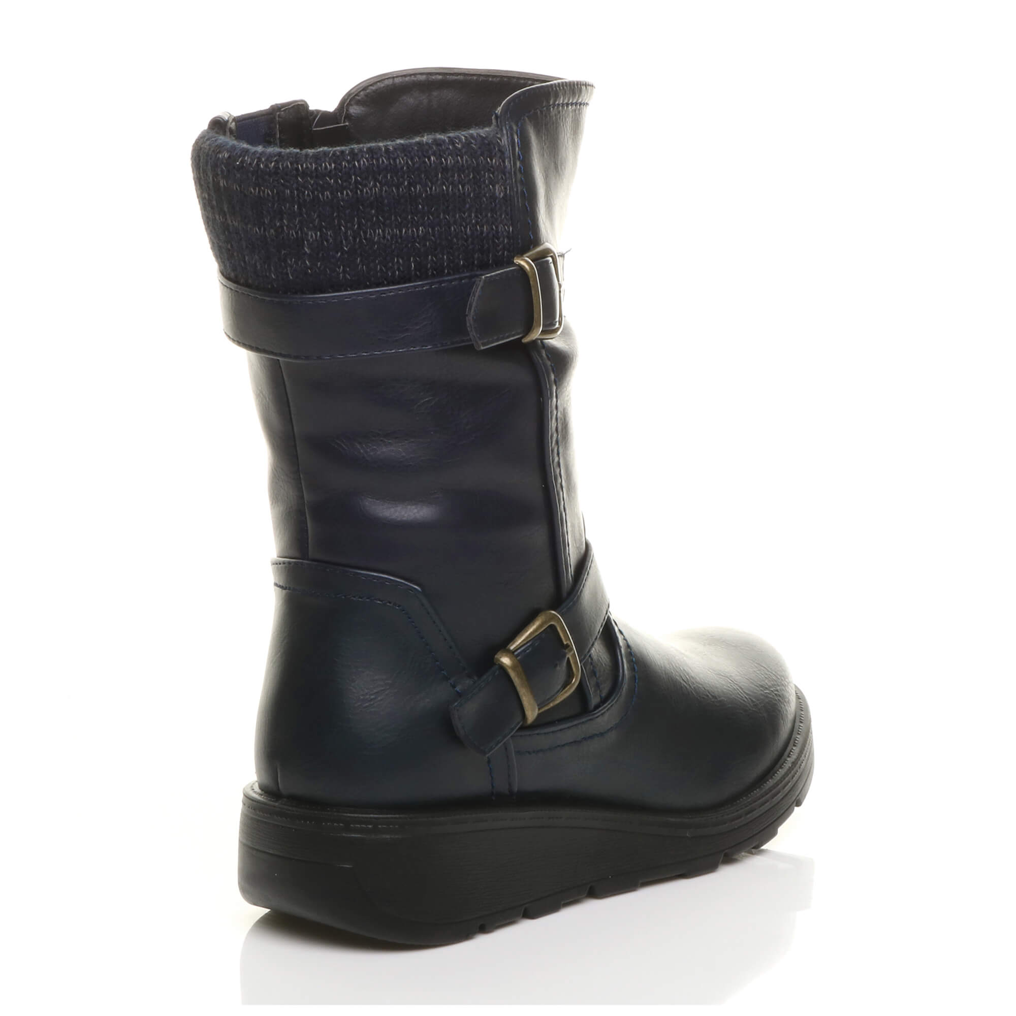 Navy Blue Low Wedge Heel Comfort Calf Biker Boots, Image 4 of 6