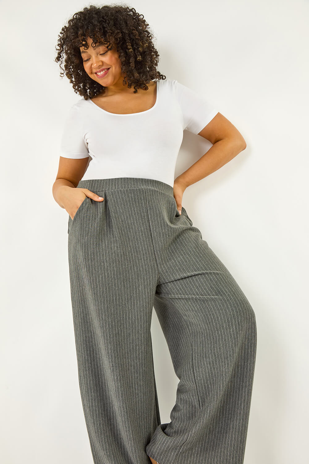 Roman Curve Women's Dark Grey Pinstripe Elastic Waist Trouser Size 18