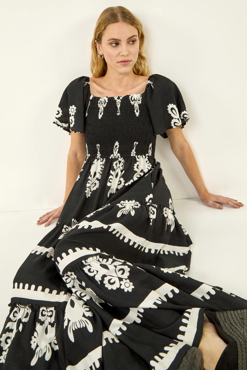 Black Border Print Shirred Maxi Dress, Image 1 of 5