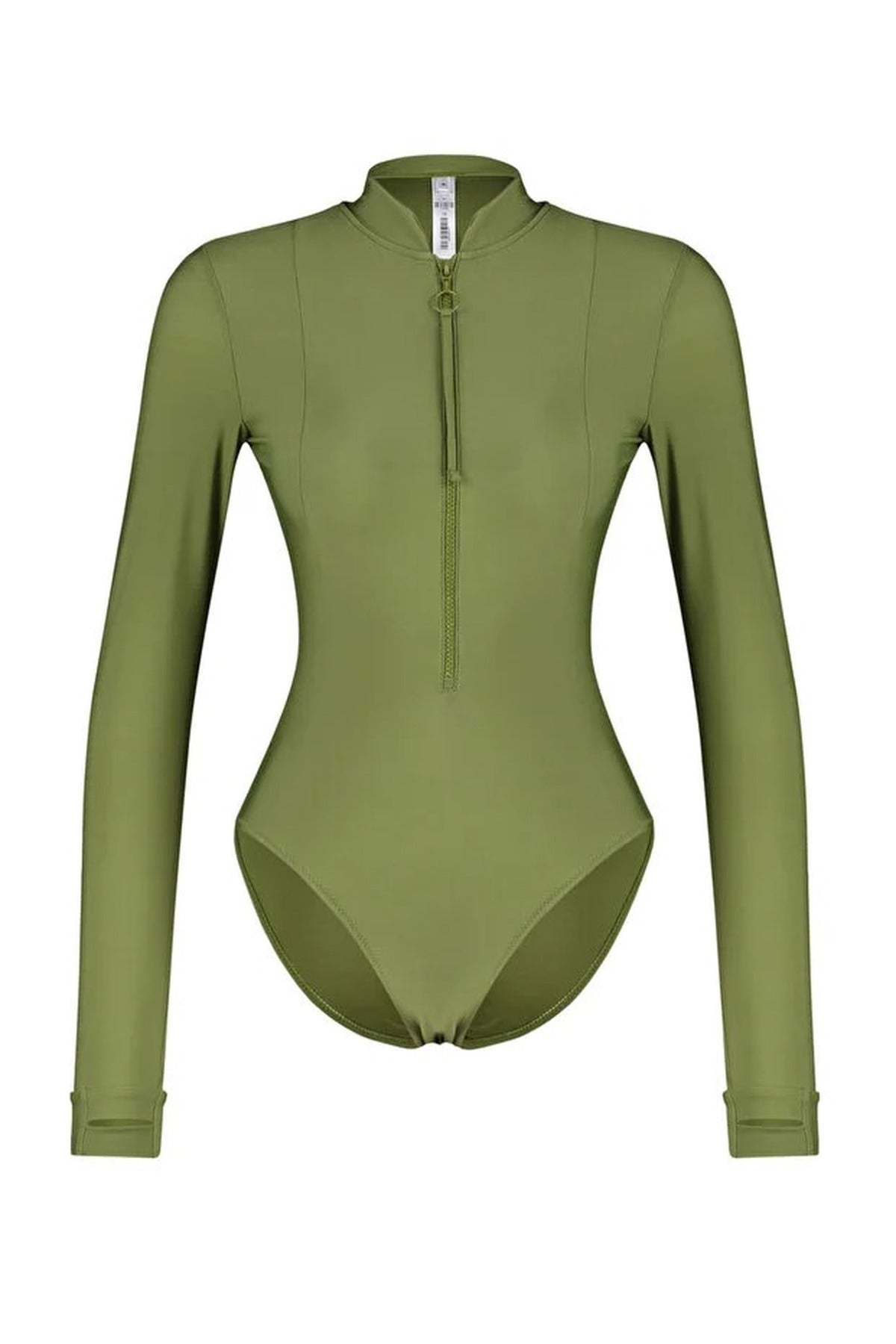 Khaki Zip Front High Neck Long Sleeve Swimsuit, Image 3 of 5