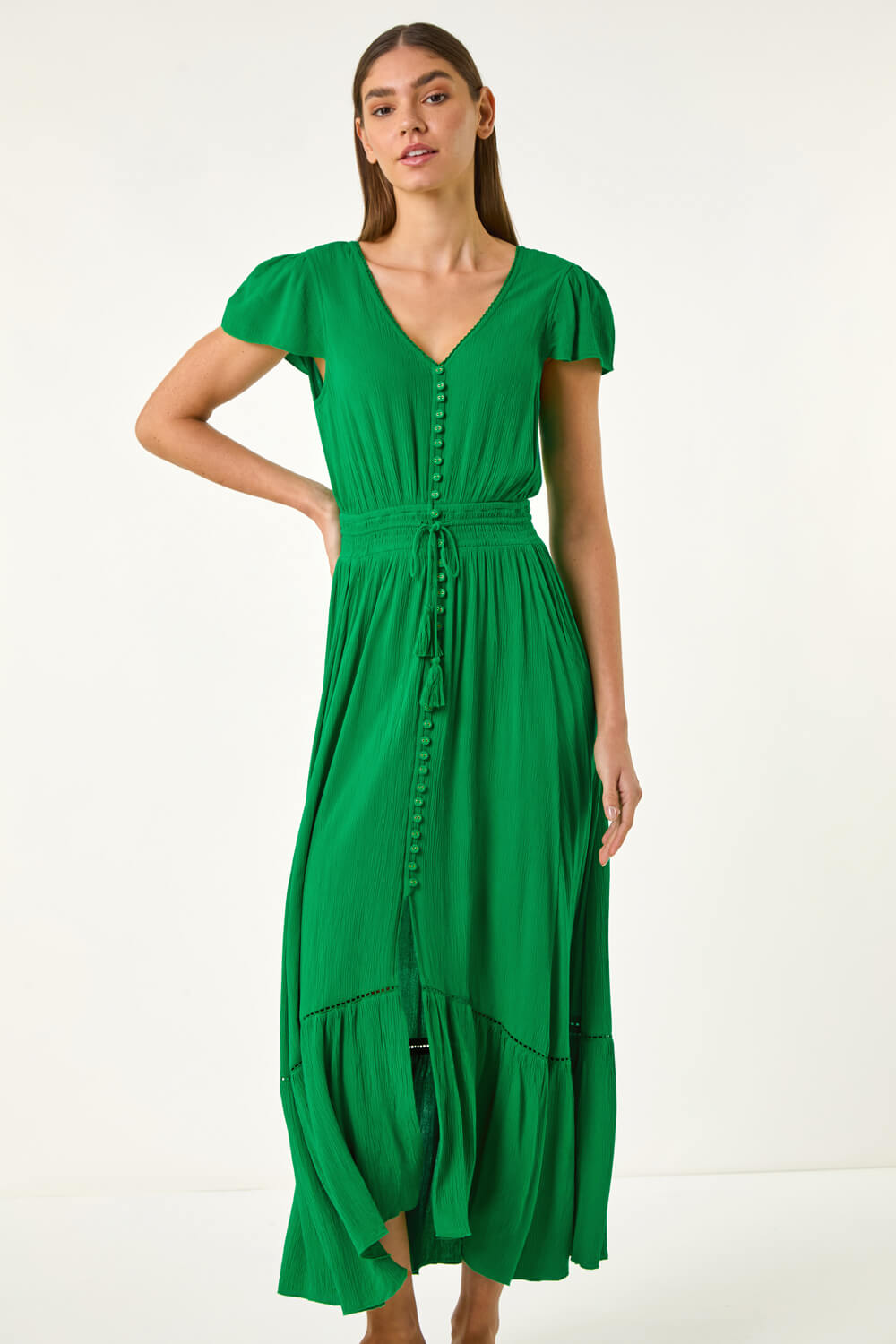 Green Tiered Buttoned Maxi Dress, Image 5 of 5