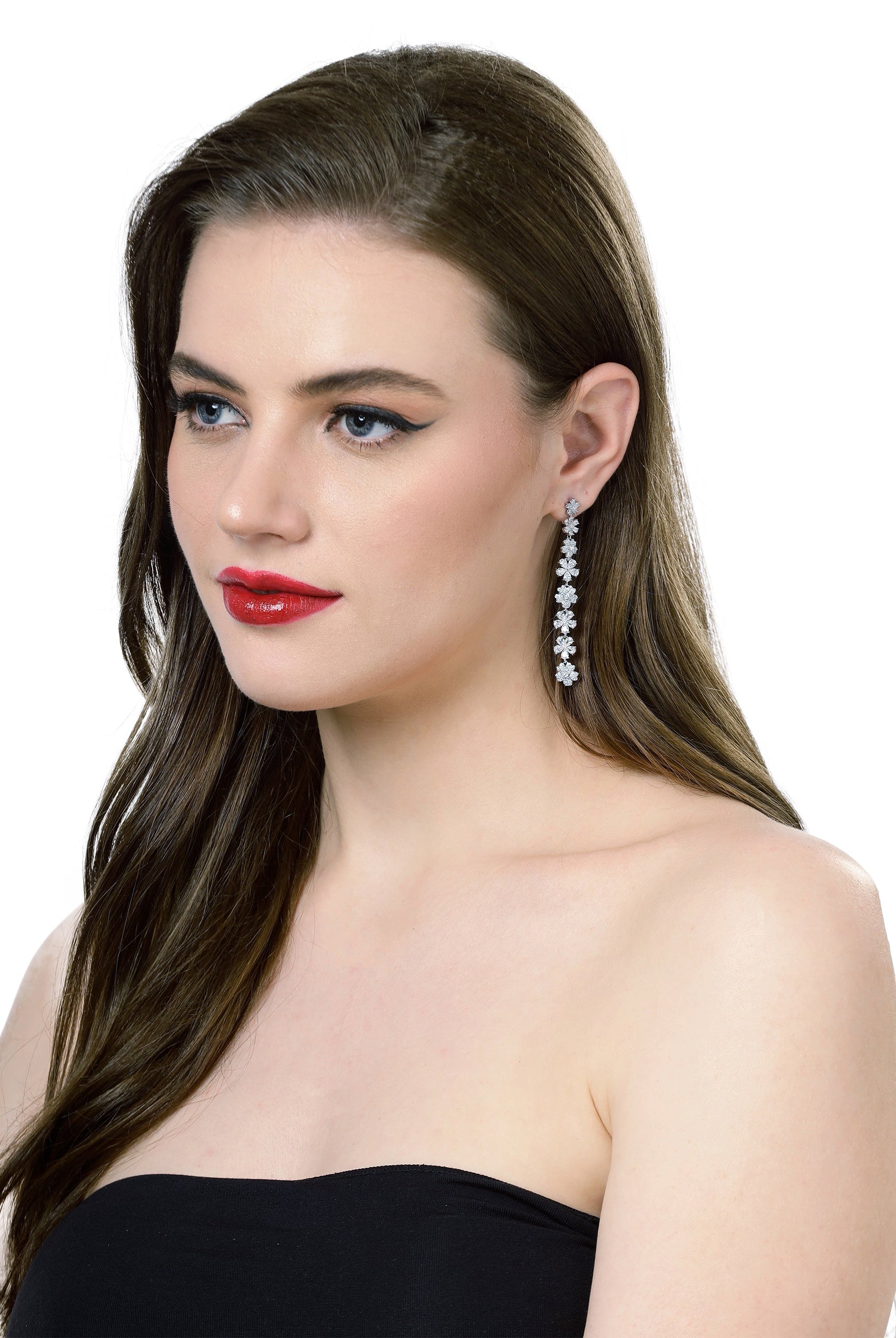 Silver Long Floral Dangle Earrings, Image 4 of 4