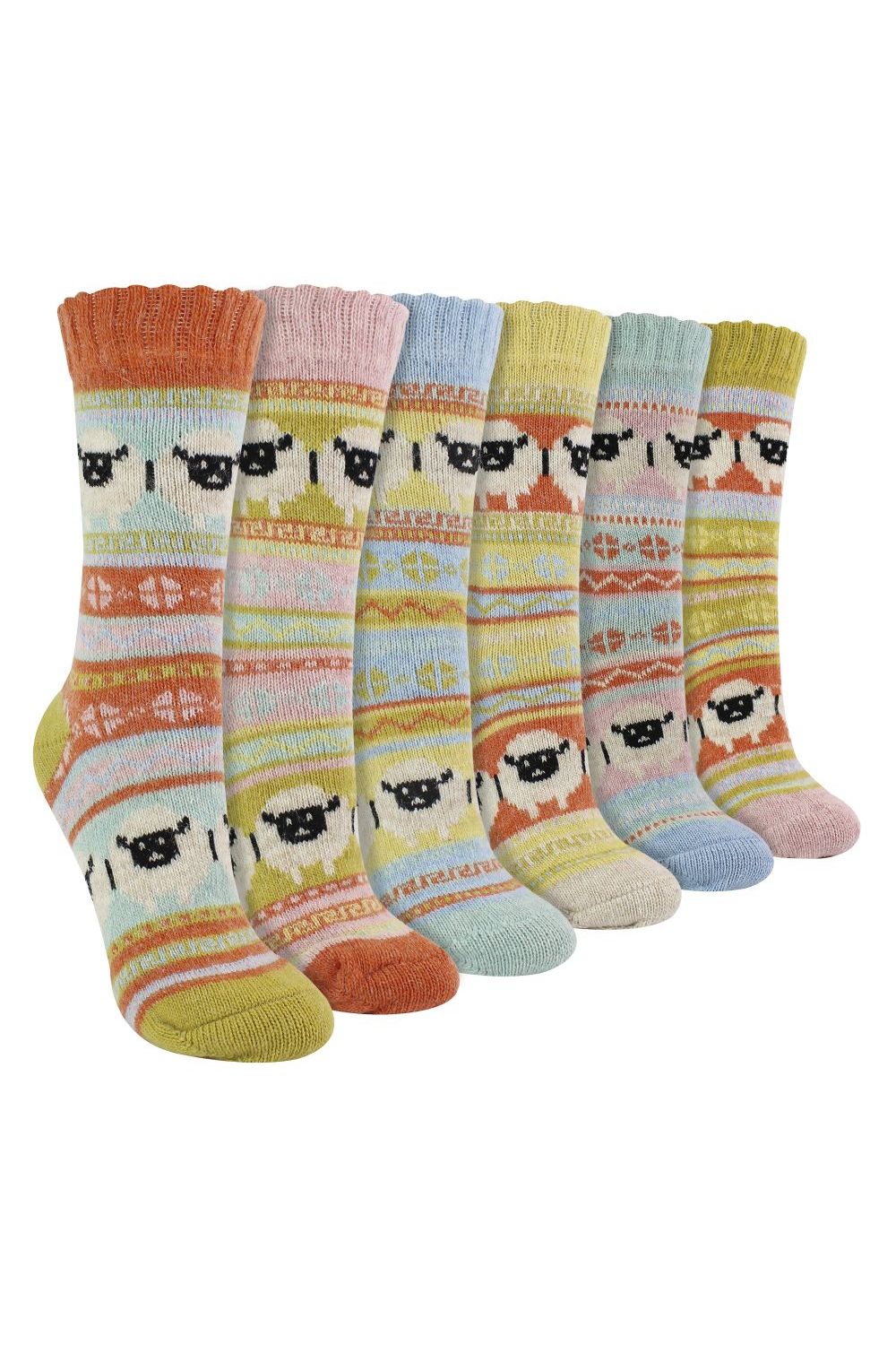 Multi Ladies 6 Pack Alpaca Socks with Sheep Pattern, Image 1 of 2