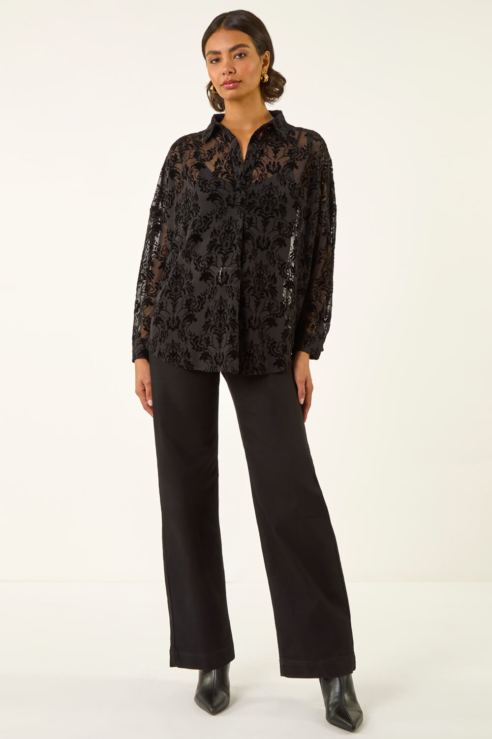 Black Textured Floral V-Neck Top, Image 4 of 6