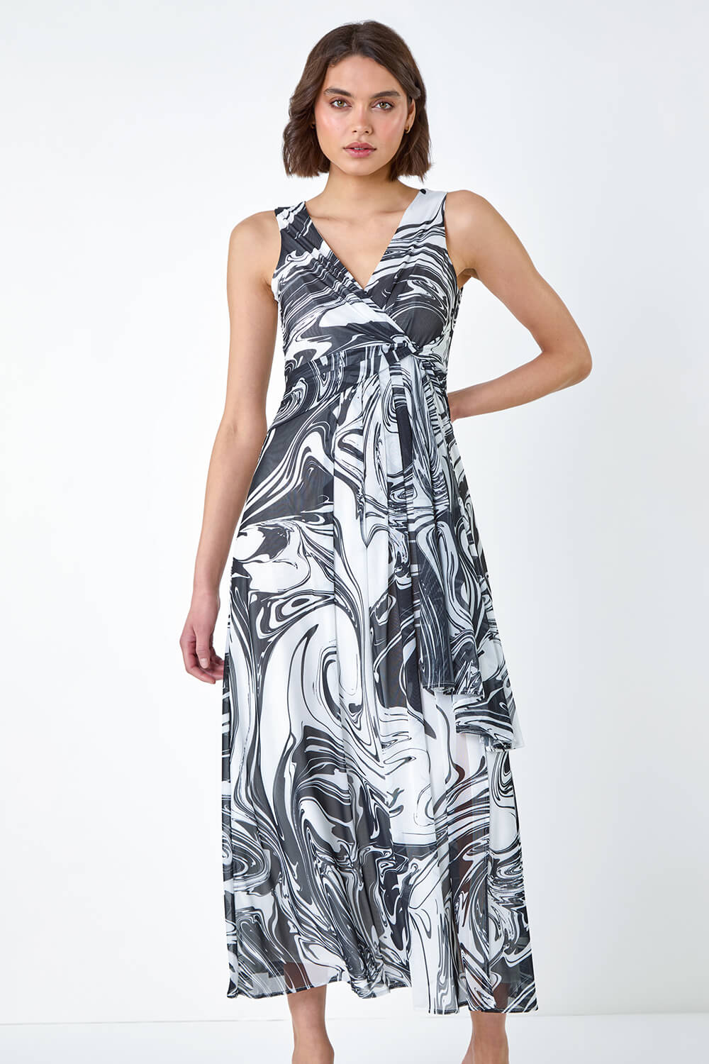 Black Marble Print Wrap Mesh Dress, Image 3 of 5