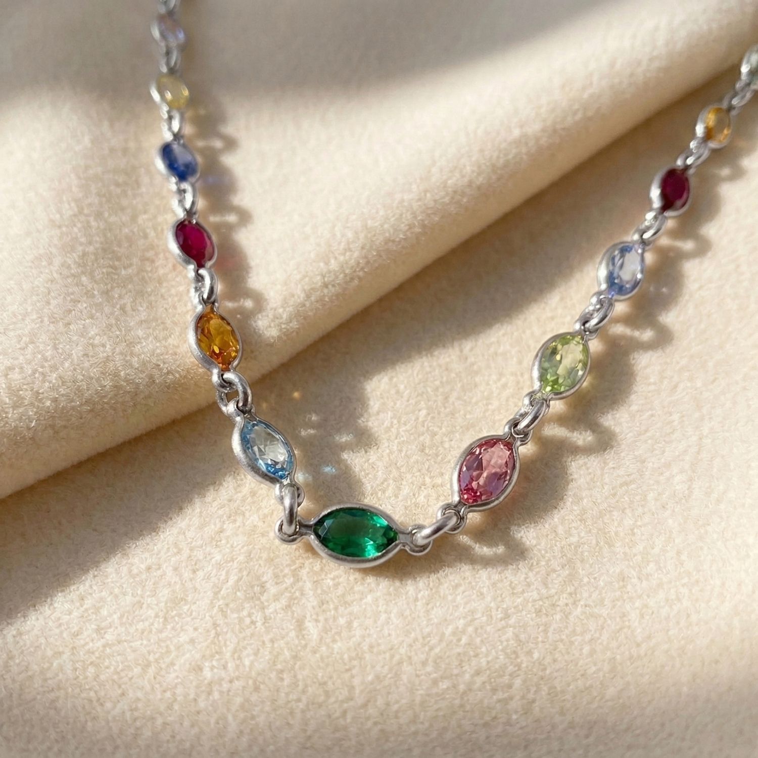 Multi Colourful Multi Gemstone Sterling Silver Chain Necklace