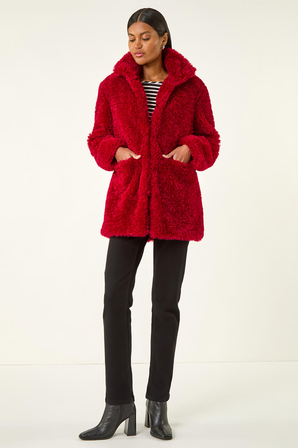 Red Curly Soft Borg Coat, Image 3 of 5