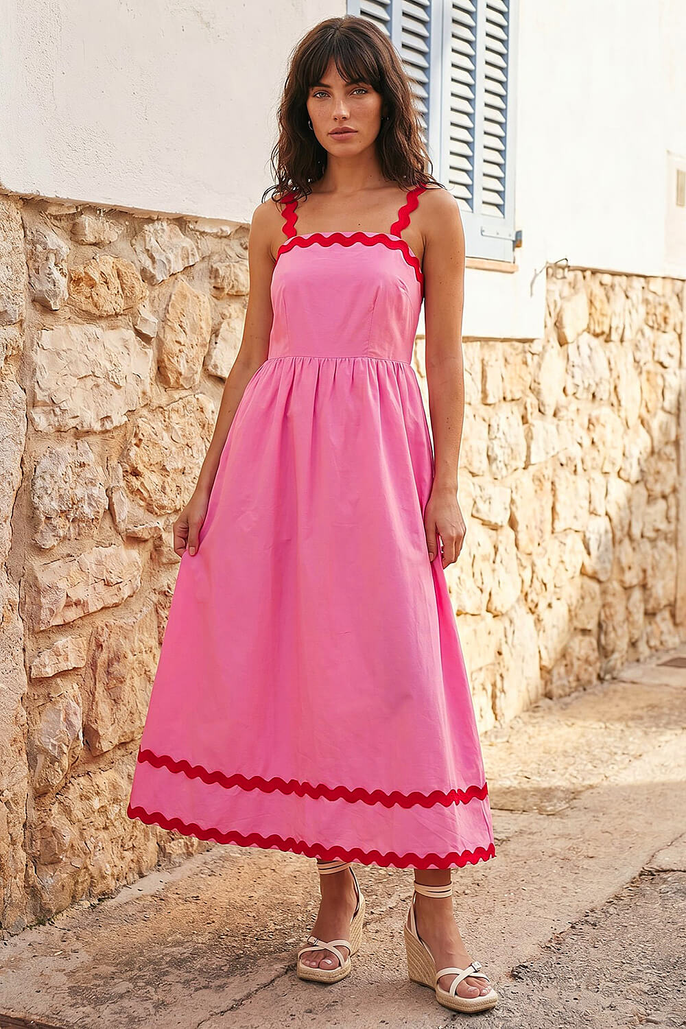 Pink Contrast Ric Rac Midi Dress, Image 1 of 4