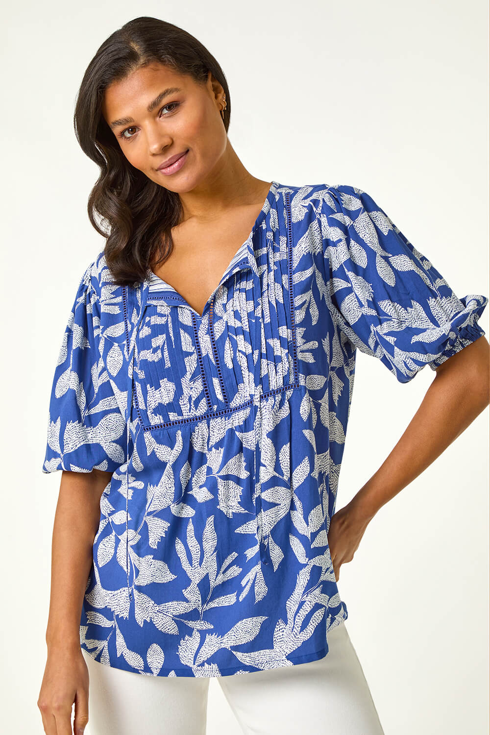 Blue Leaf Print Tie Neck Pleated Top, Image 7 of 6
