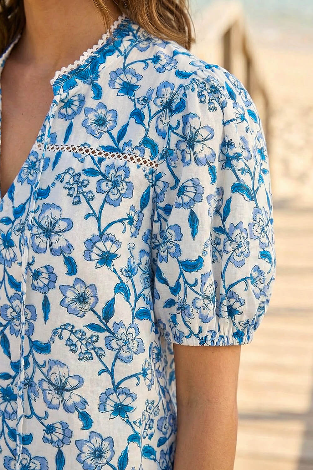 Blue Petite Floral Border V-Neck Top, Image 5 of 4