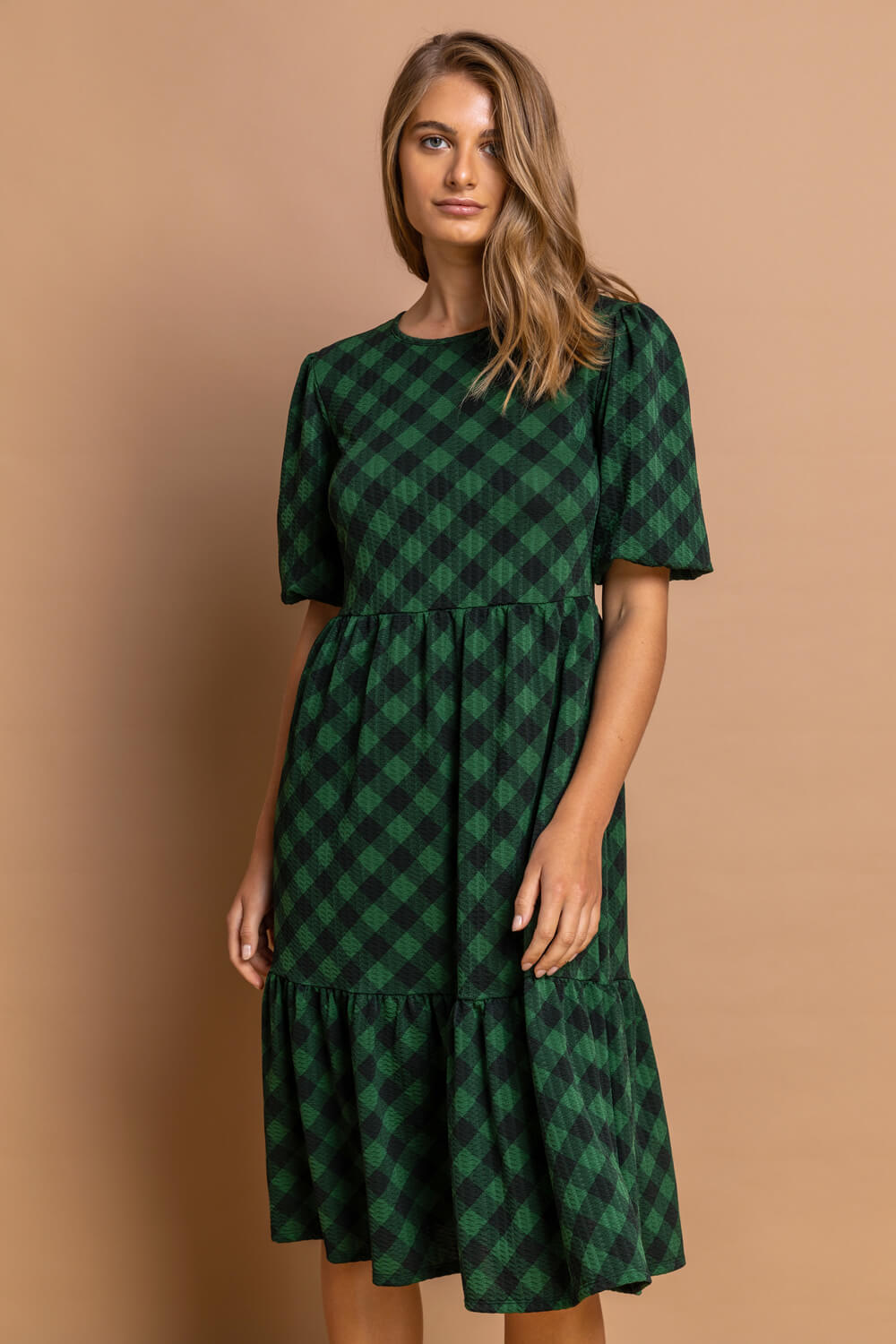 Tiered Check Print Midi Dress in Green - Roman Originals UK