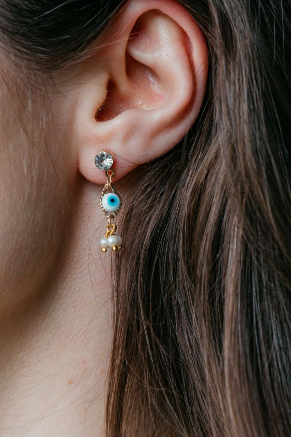 Gold The Colourful Aura Gold Tiny Pearl Zircon Evil Eye Dangle Stud Earrings, Image 1 of 2