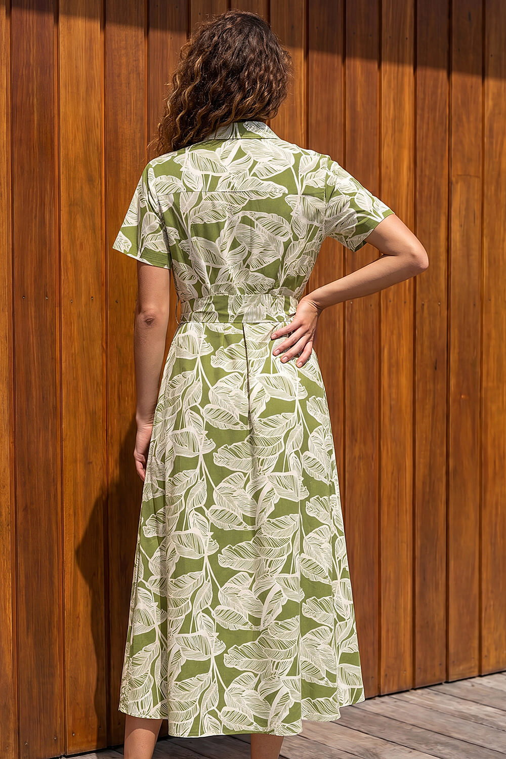 Green Leaf Print Belted Shirt Dress, Image 4 of 4