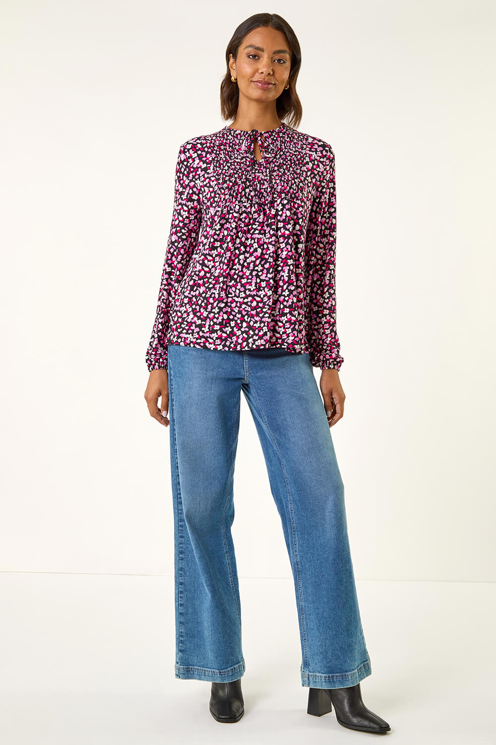 PINK Printed Shirred Tie Neck Top, Image 3 of 5