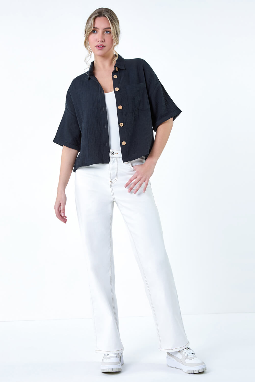 Black Cotton Relaxed Button Shirt, Image 3 of 5