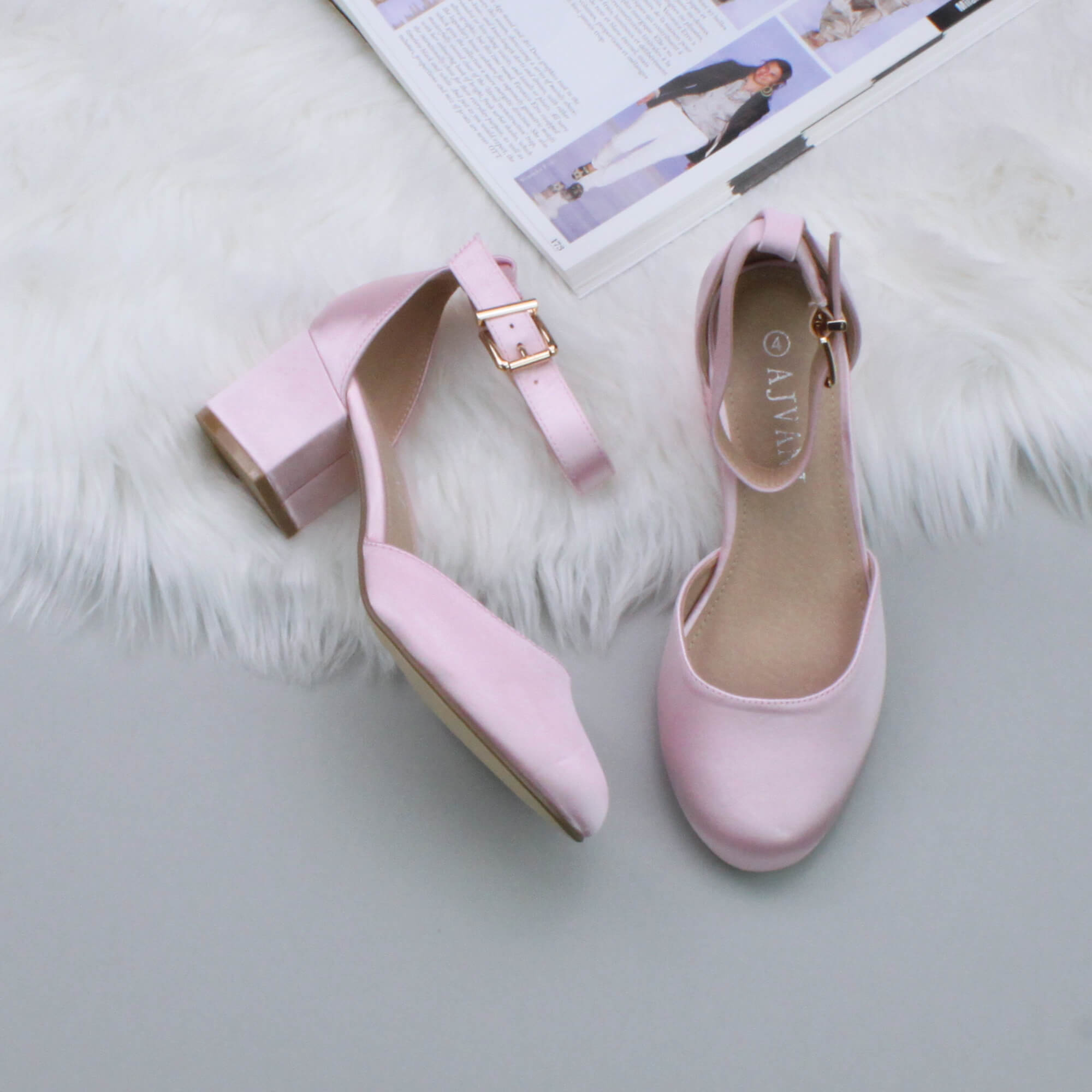 Light Pink AJVANI Light Pink Mid Block Heel Ankle Strap 2 Part Heels, Image 4 of 6