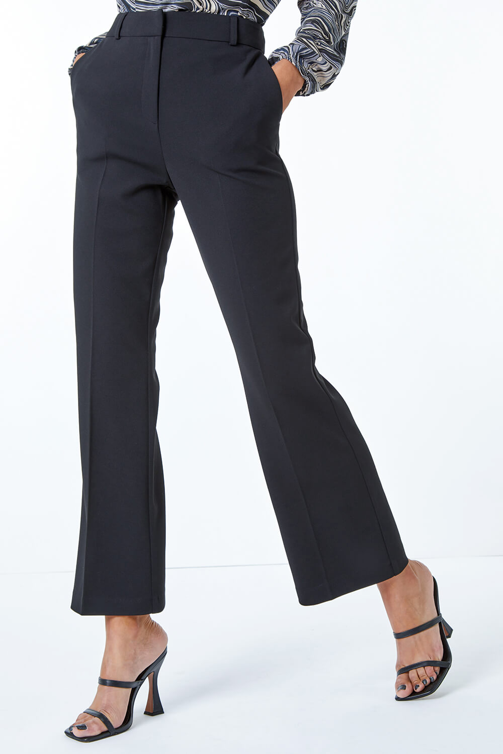 Black Short Bootcut Stretch Trousers, Image 6 of 5