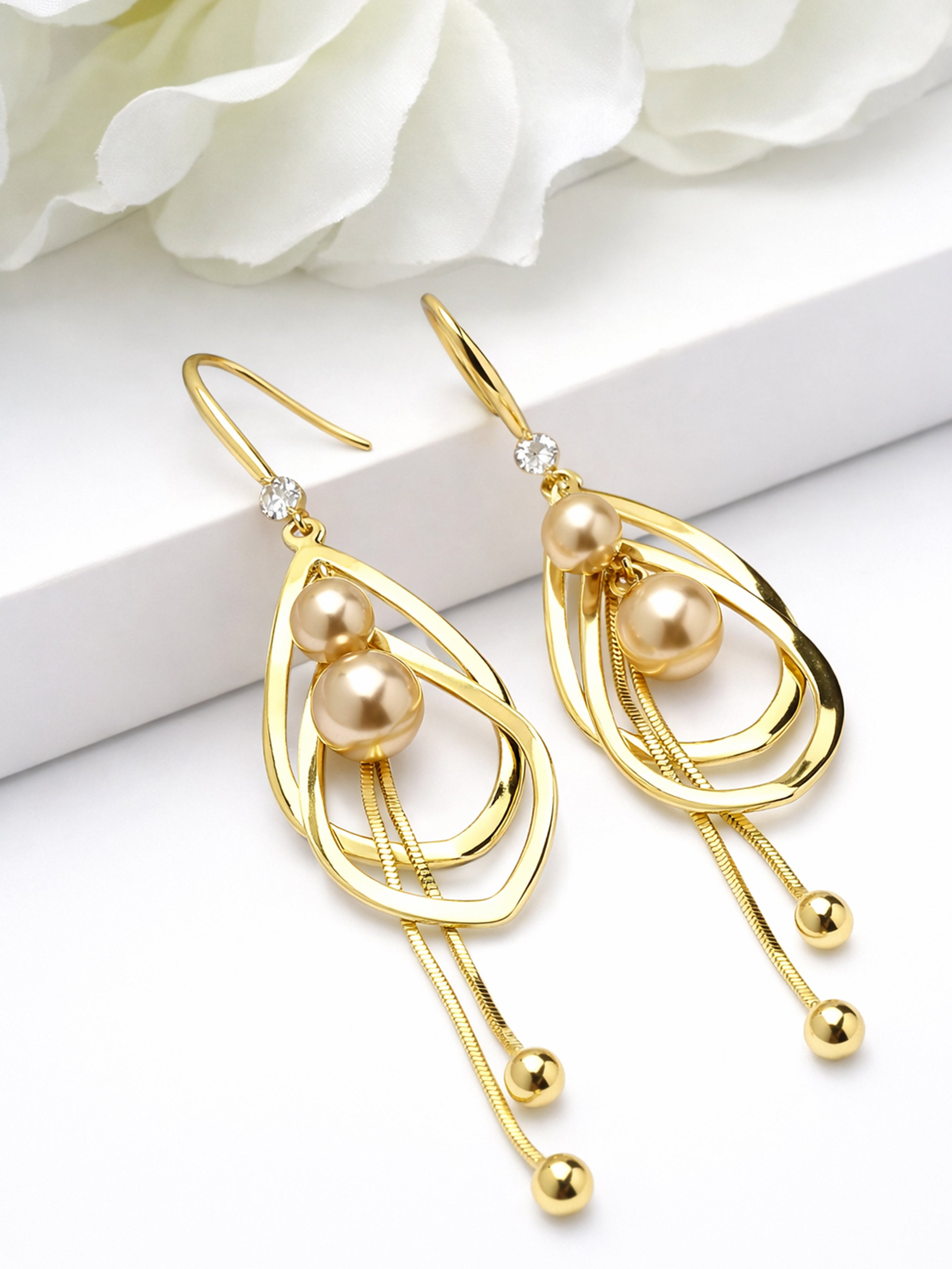 Gold Pearl Cage Tassel Drop Earrings, Image 3 of 3