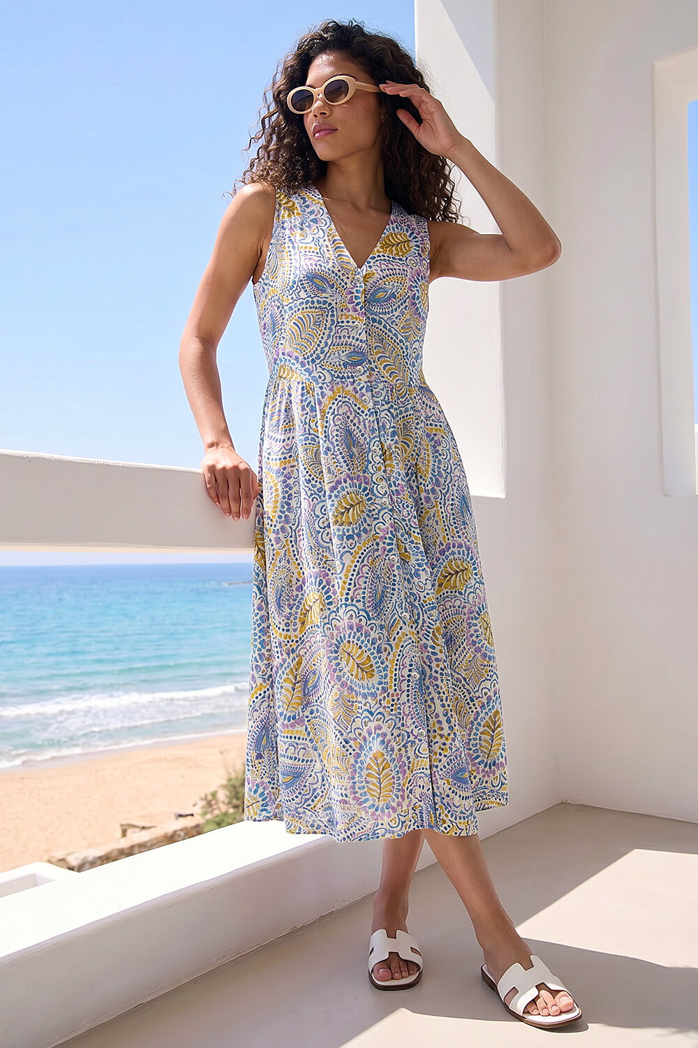Blue Petite Abstract Print Button Dress, Image 1 of 4