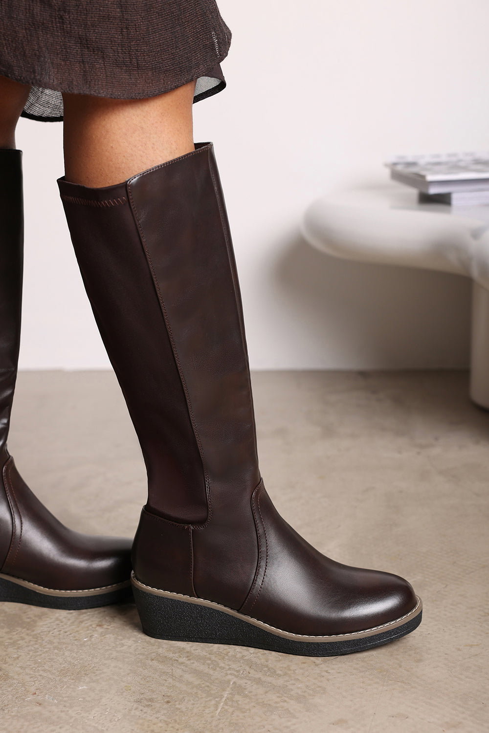 Brown 'Livia' Knee High Wedge Boot Stitch Detail, Image 1 of 6