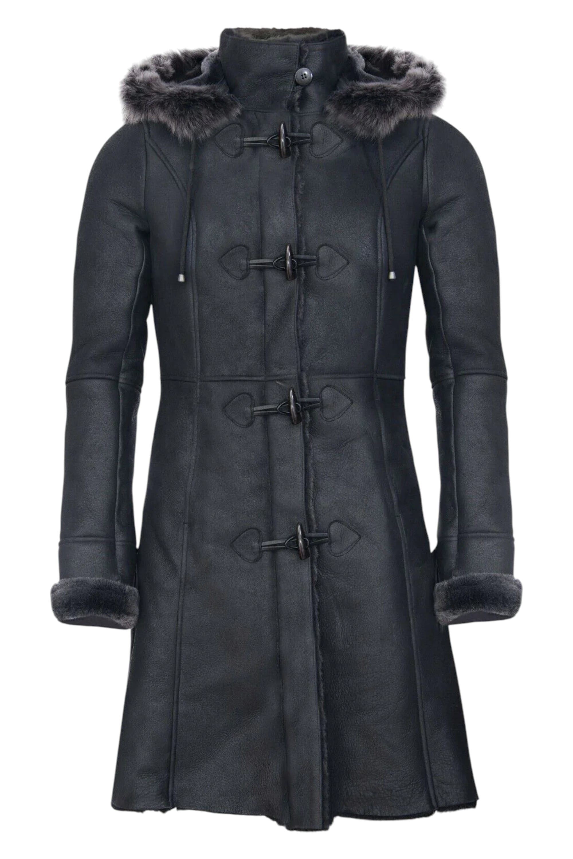 Black Womens Sheepskin Hooded Duffle Coat, Image 3 of 5