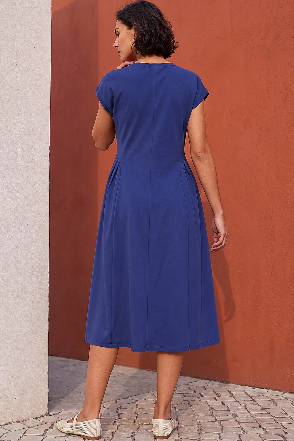 Navy Side Pleat Detail Dress, Image 3 of 4