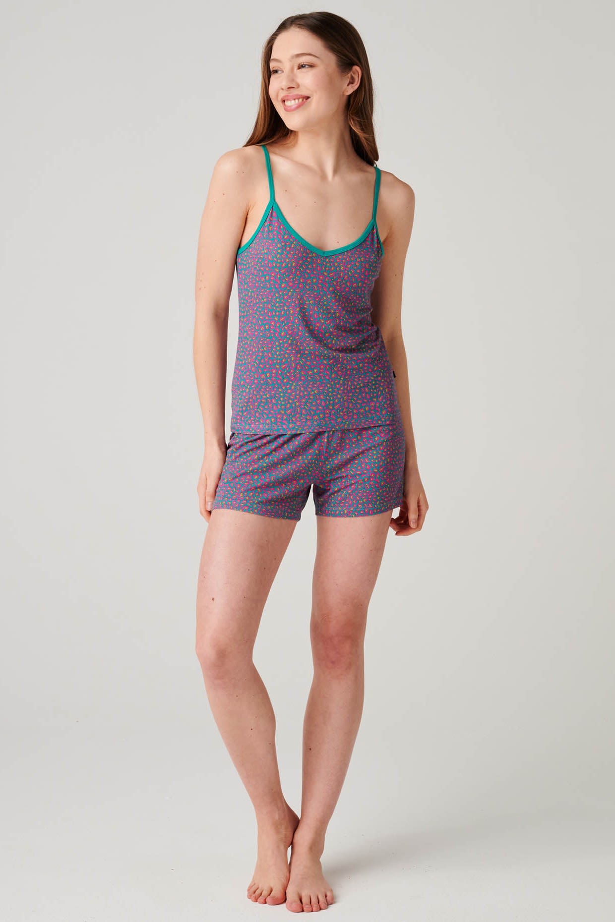 Teal British Boxers Teal "Spectra Leopard" Bamboo Camisole Short Pyjama Set, Image 1 of 6