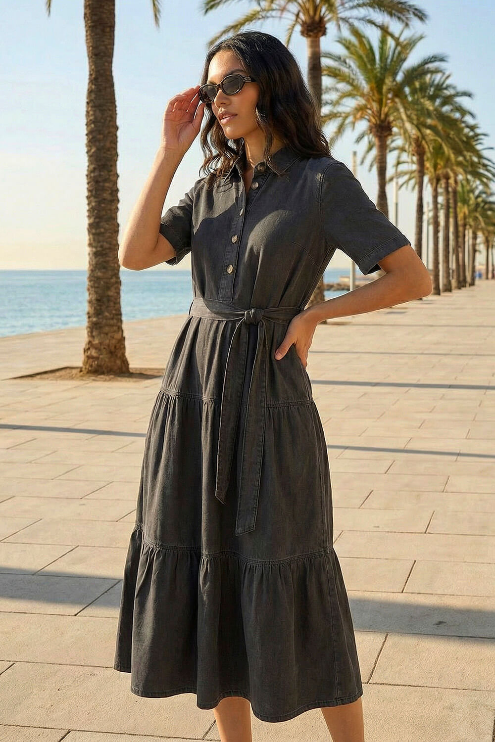 Black Button Detail Tiered Midi Dress, Image 3 of 4