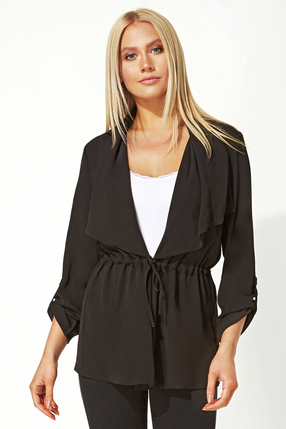 Black Waterfall Drawstring Waist Jacket, Image 1 of 5