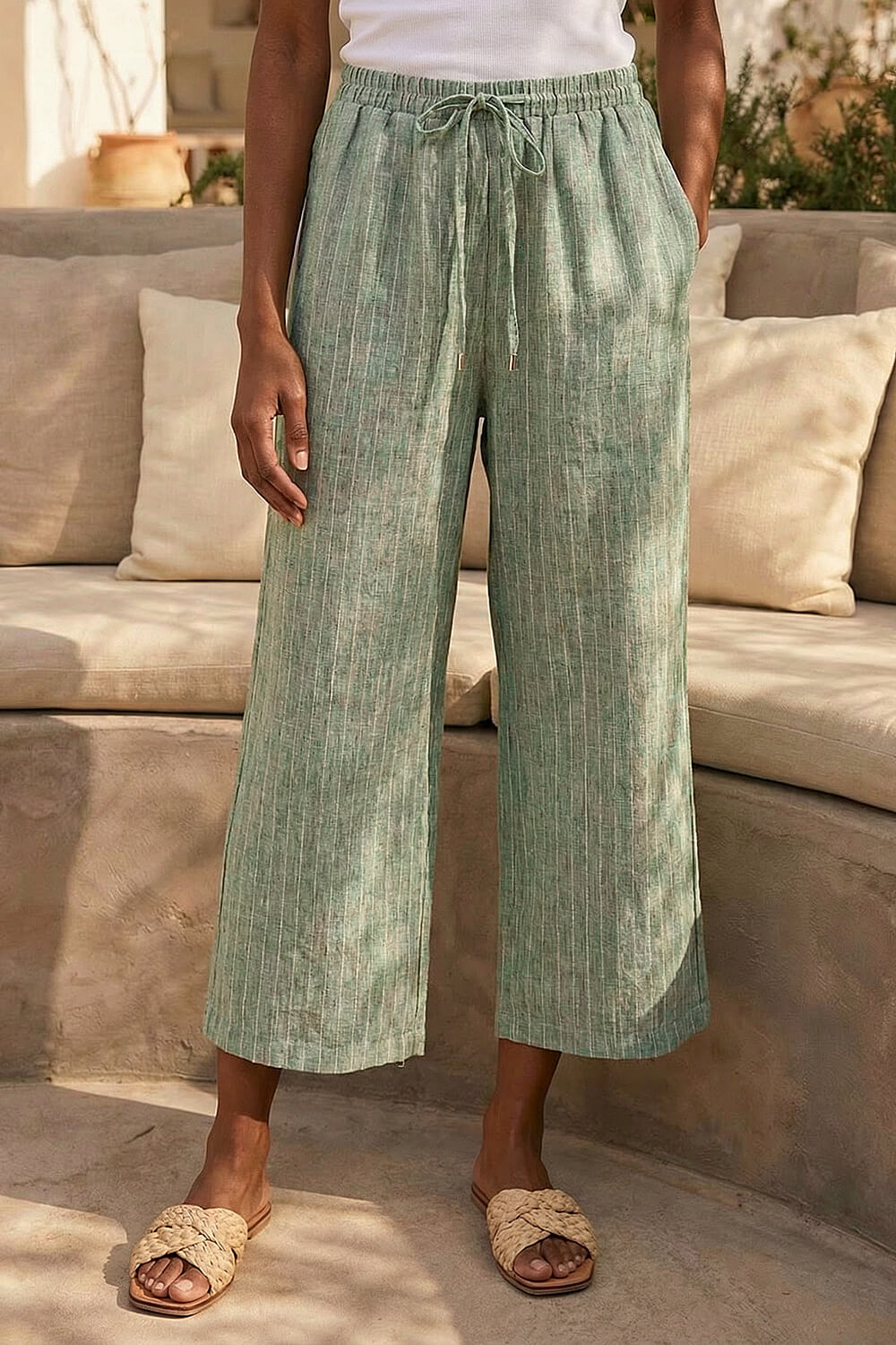 Khaki Petite Metallic Stripe Cropped Trouser, Image 3 of 4