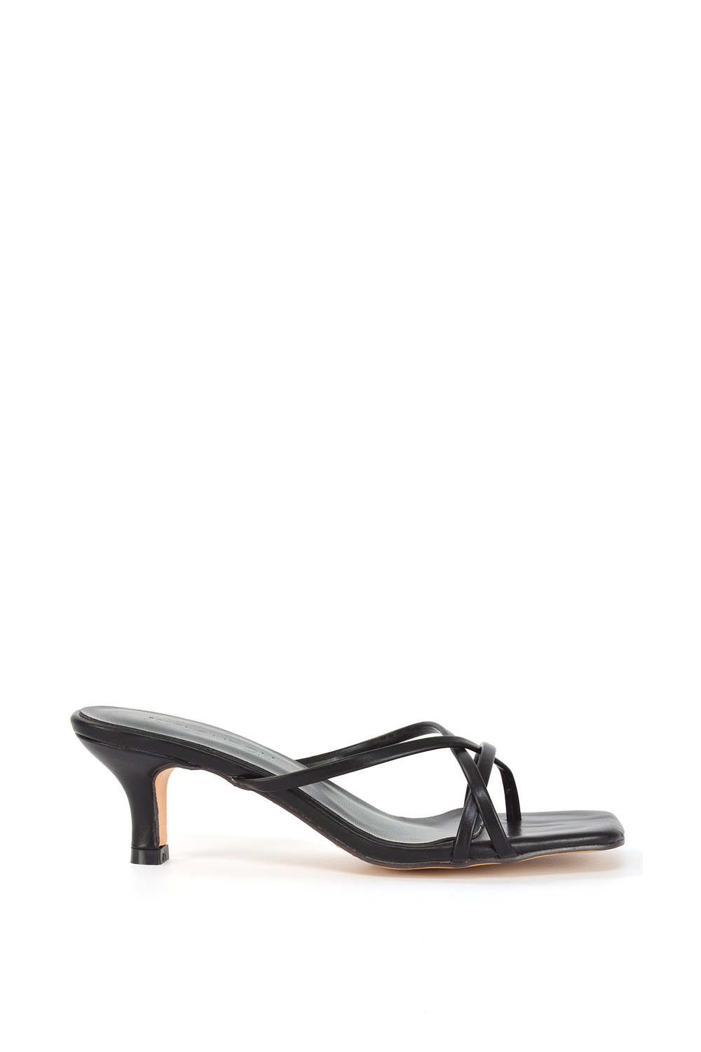 Black 'Dream' Strappy Square Toe Kitten Heel Slip On Mule Sandals