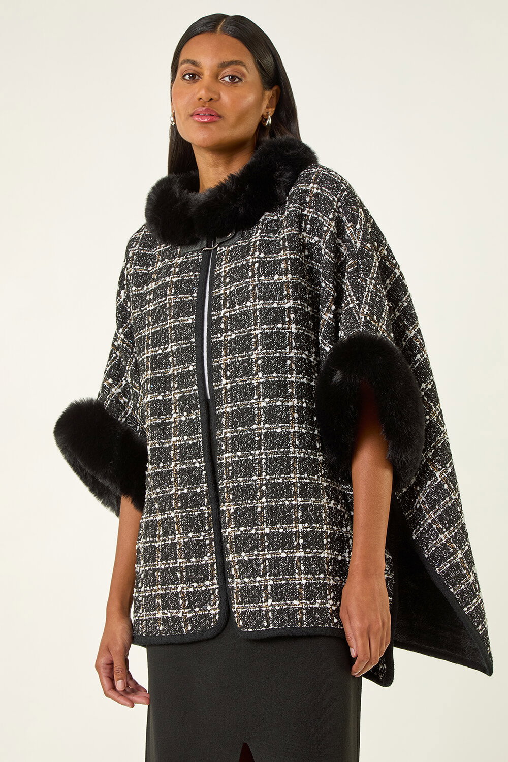 Black Faux Fur Jacquard Knit Poncho, Image 1 of 5